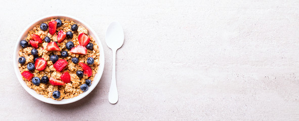 Granola Cereal bar with Strawberries and blueberries  on the Gray Background . Muesli Breakfast. Healthy Food sweet dessert snack. Diet Nutrition Concept. Top View. Copy space. Banner. - obrazy, fototapety, plakaty