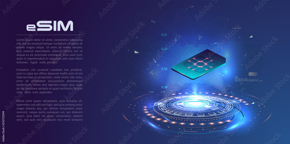 Aufkleber esim card chip sign. embedded sim concept. new mobile communication technology. futuristic projectio