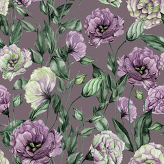 Beautiful purple and chartreuse eustoma flowers (lisianthus) with leaves and closed buds. Seamless floral pattern.  Watercolor painting. Hand painted botanical illustration.