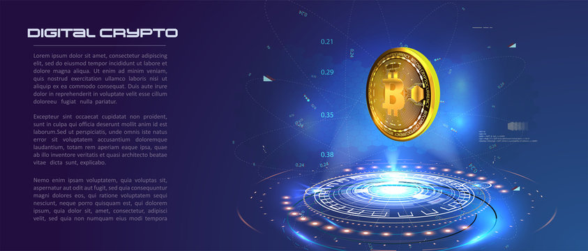 	 Bitcoin conceptual background with blue glowing electric lights in style hud. Modern bright banner, site template with place for your text.