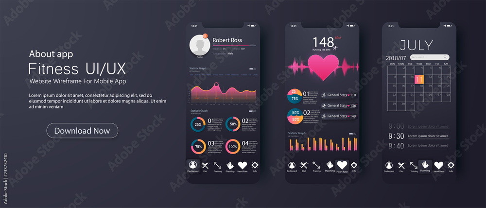 Poster different ui, ux, gui screens fitness app and flat web icons for mobile apps, responsive website inc