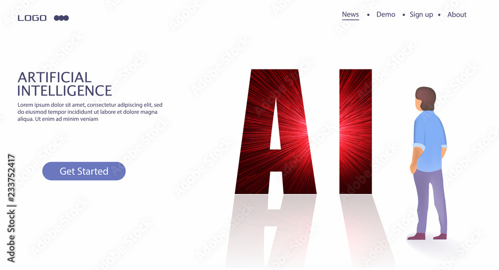Poster artificial intelligence (ai) concept responsive landing page or web template with 3d isometric illus