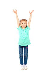 Girl raises her arms up - isolated on white background