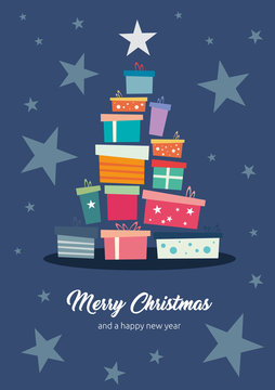 Weihnachtliche Grußkarte mit Geschenken und Merry Christmas