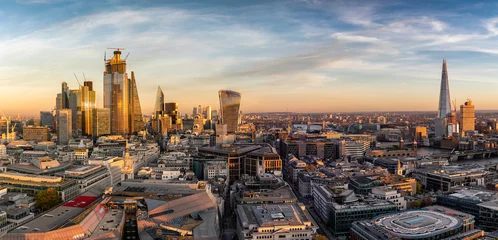 Zelfklevend Fotobehang Londen Zonsondergang achter de nieuwe skyline van Londen: van de City naar London Bridge