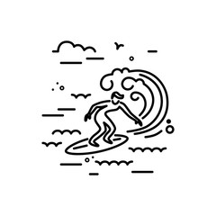 Surfing logo design. Surfer and big wave. Line style vector illustration.