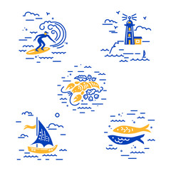 Sea vacation symbols vector set with surfing, lighthouse, lobster, sailboat and fishes. Travel concept.