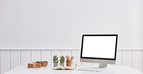 White wall room business room computer screen desktop and working office.