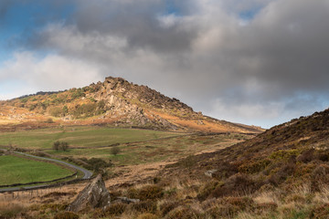Sun lights the heather and rocks at the Roaches, Staffordshire in the Peak District National park.