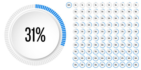 Set of circle percentage diagrams (meters) from 0 to 100 ready-to-use for web design, user interface (UI) or infographic - indicator with blue