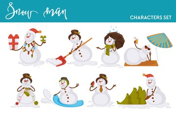 Christmas snowman Santa cartoon character icons for New Year greeting card design template.