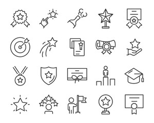 set of award line icons, such as star, champion, prize, acheivement, winner, trophy, glory, certificate
