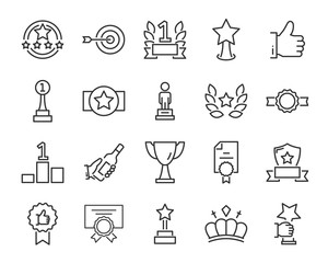 set of award line icons, such as star, champion, prize, acheivement, winner, trophy, glory, certificate