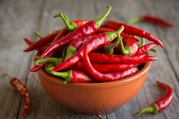Hot chili peppers on wooden background