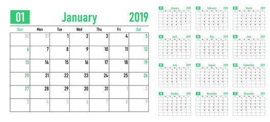 Calendar planner 2019 template vector illustration all 12 months week starts on Sunday and indicate weekends on Saturday and Sunday