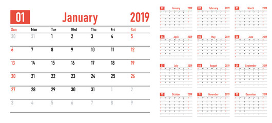 Calendar planner 2019 template vector illustration all 12 months week starts on Sunday and indicate weekends on Saturday and Sunday