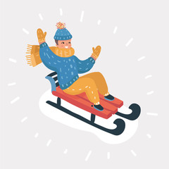Vector illustration. Happy child sledding.