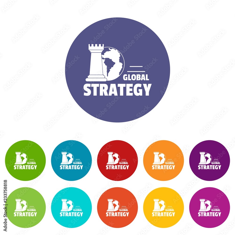 Poster global strategy icons color set vector for any web design on white background