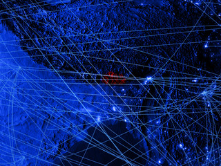 Bhutan on blue digital map with networks. Concept of international travel, communication and technology.