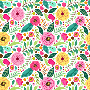 Cute retro seamless pattern with hand drawn rustic flowers
