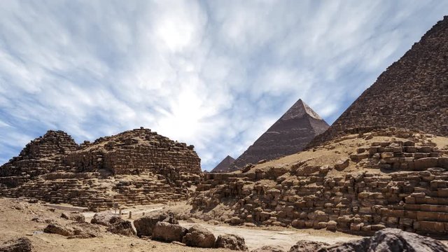 Time lapse with clouds over great pyramids at Giza Cairo in Egypt