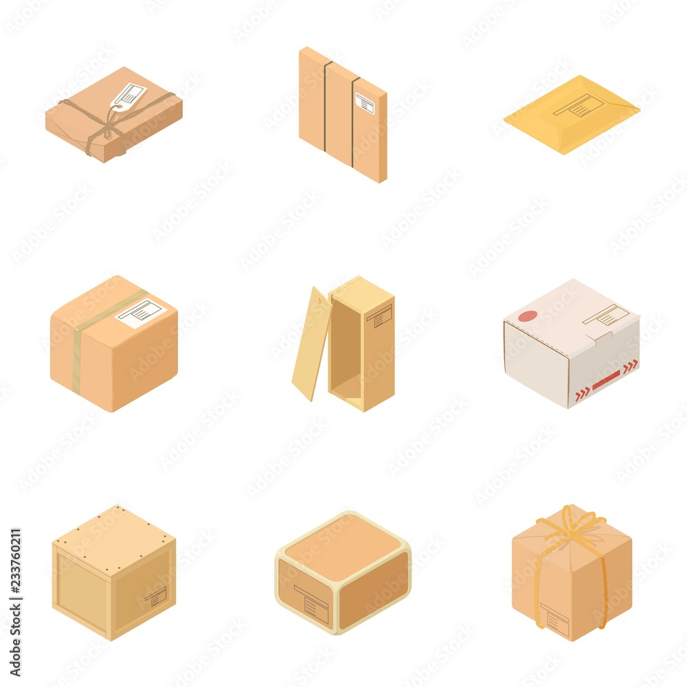 Poster carton icons set. isometric set of 9 carton vector icons for web isolated on white background
