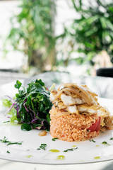 Portuguese fish in Escabeche sauce with tomato rice gourmet meal