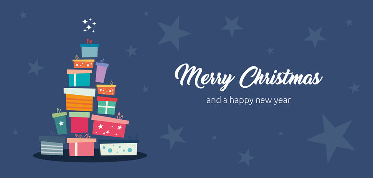 Grußkarte zu Weihnachten mit Geschenken, Sternen und Merry Chrstsmas