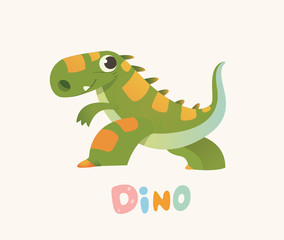 Cute Green Cartoon Baby Dino. Bright Colorful dinosaur. Childrens illustration. Isolated. Vector