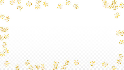Luxury Vector Gold Percentage Sign Confetti on Transparent. Percent Sale Background. Business, Economics Print. Discount Illustration. Promotion Poster. Black Friday Banner. Special offer Template.