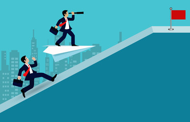 Businessman competition on up the slope. go to the goal of financial business success and Efforts go to target growth. creative idea. leadership. cartoon vector illustration