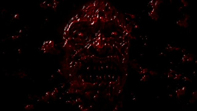 Bloody demon face screams from dark. Animation in genre of horror. Hungry vampire attacks