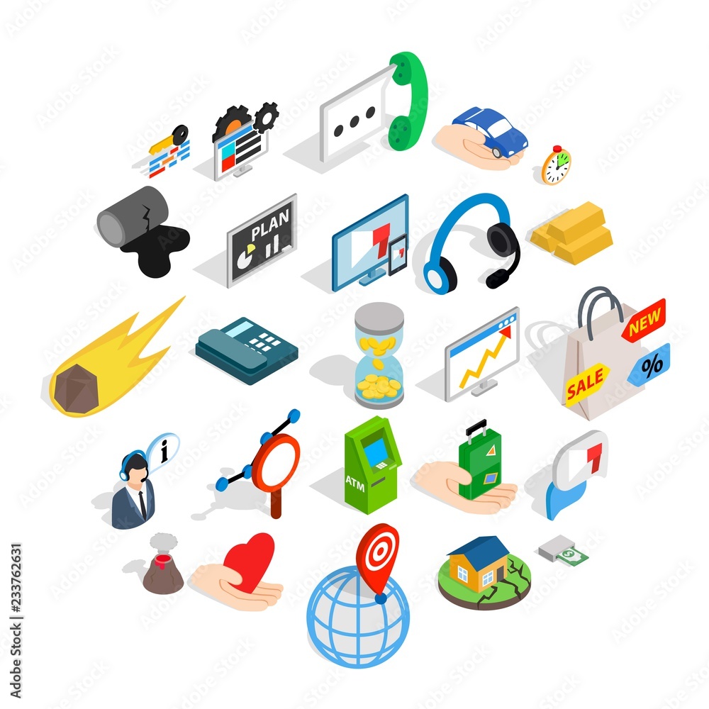 Poster means of subsistence icons set. isometric set of 25 means of subsistence vector icons for web isolat