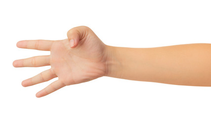 Human hand in reach out one's hand and counting number four fingers gesture isolate on white background with clipping path, High resolution and low contrast for retouch or graphic design