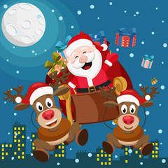 Santa Claus and two deer are flying on a sleigh with gifts over the night city.