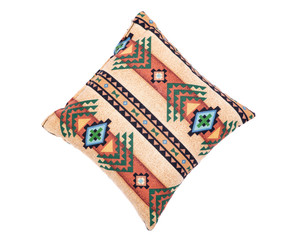 Colorful dream pillow filled with dried organic herbs to help relaxation and sleep: hops, lavender, chamomile and rose petals isolated on white background