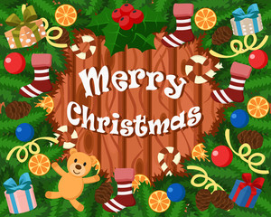 Christmas background of Christmas tree branches, toys, gifts, cones, candy, oranges and Christmas socks.