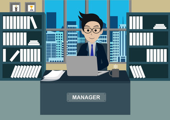 Businessman in worker in office sit at the desks with notebook. workspace with table and computer. Big boss office. There is furniture a blue background in the picture. cartoon vector illustration