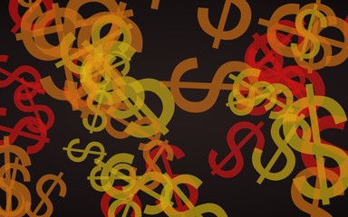 Multicolored translucent dollar signs on dark background. Red tones. 3D illustration