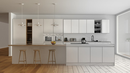 Unfinished project draft of modern minimalist white and wooden kitchen with island and big panoramic window, parquet, pendant lamps, contemporary architecture interior design