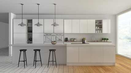 Unfinished project draft of modern minimalist white and wooden kitchen with island and big panoramic window, parquet, pendant lamps, contemporary architecture interior design