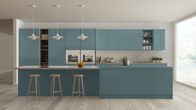 Modern minimalist blue and wooden kitchen with island and big panoramic window, parquet, pendant lamps, contemporary architecture interior design