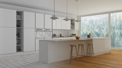 Unfinished project draft of modern minimalist white and wooden kitchen with island and big panoramic window, parquet, pendant lamps, contemporary architecture interior design
