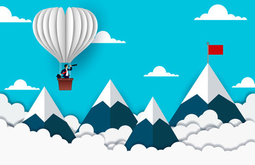 Businessman standing on Balloon looking with the  binocular go to red flag on sky between mountain. go to business success goal. creative idea. leadership. cartoon vector illustration 