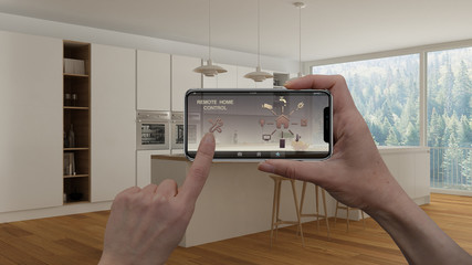 Remote home control system on a digital smart phone tablet. Device with app icons. Interior of...