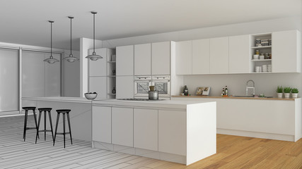 Fototapeta na wymiar Unfinished project draft of modern minimalist white and wooden kitchen with island and big panoramic window, parquet, pendant lamps, contemporary architecture interior design