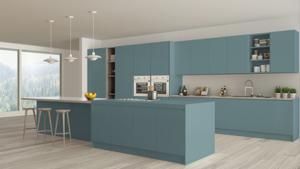 Modern minimalist blue and wooden kitchen with island and big panoramic window, parquet, pendant...