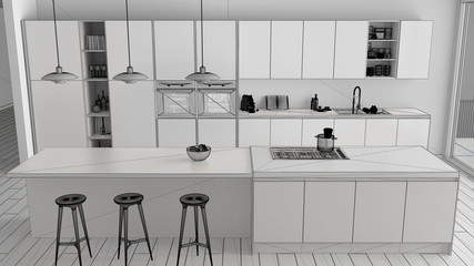 Fototapeta premium Unfinished project draft of modern minimalist white and wooden kitchen with island and big panoramic window, parquet, pendant lamps, contemporary interior design, top view