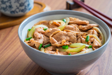 Fried pork with rice in bowl. Japanese food style, Donburi
