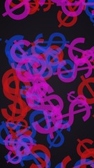 Multicolored translucent dollar signs on dark background. Vertical image orientation. 3D illustration